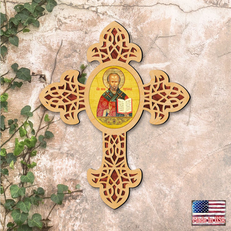 Saint Nicholas Pointy Wooden Cross by Museum Icons - Inspirational Icon Decor - 88321 - Freeyouthzbandz