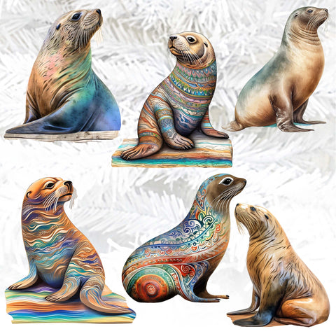 Magic Sea Lions Clip - On Eco Wood Decorative Ornaments Set of 6 by G. Debrekht - Wildlife Decor - 8090112C - S6 - Freeyouthzbandz