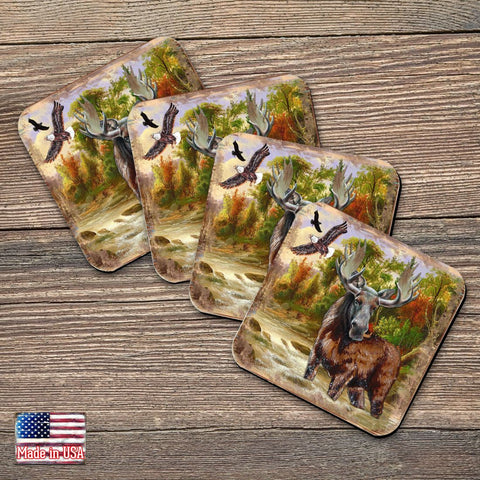 Moose Wooden Cork Coasters Gift Set of 4 by Nature Wonders - Nature Wildlife Decor - 95216 - 2C - S4 - Freeyouthzbandz
