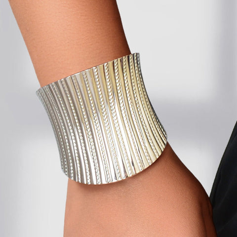 Party Dance Accessories Exaggerated Silver Ripple Wide Geometric Cuffs Bangle for Women - Freeyouthzbandz