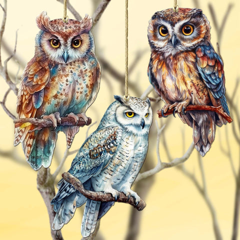 Night Owls Decorative Wooden Ornaments of 3 by G. Debrekht - Wildlife Decor - 8091004 - S3 - Freeyouthzbandz