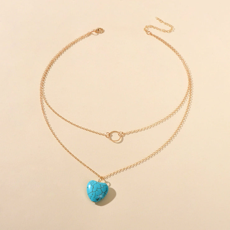 Boho Chic Jewelry Multi - layer Gold Silver Chain Circle Heart Turquoise Necklace - Freeyouthzbandz