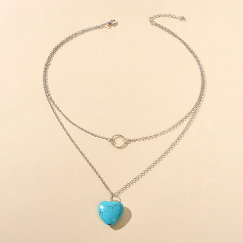 Boho Chic Jewelry Multi - layer Gold Silver Chain Circle Heart Turquoise Necklace - Freeyouthzbandz