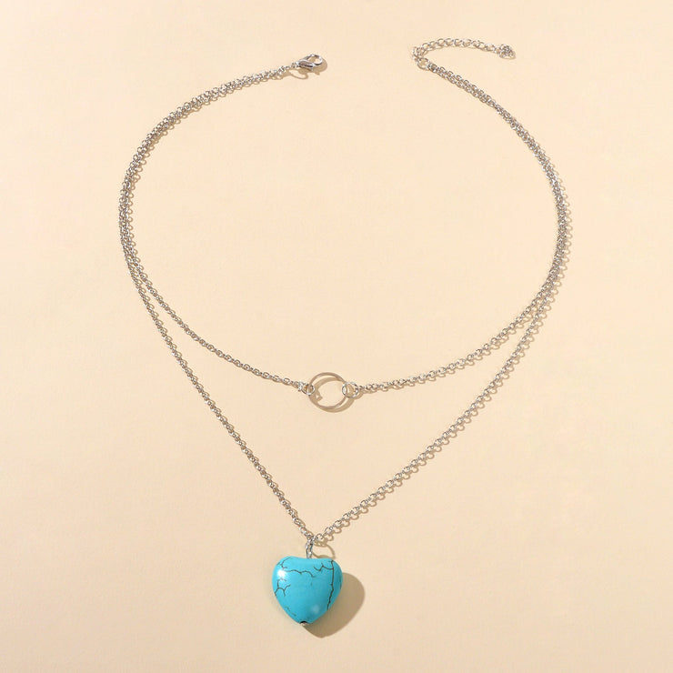 Boho Chic Jewelry Multi - layer Gold Silver Chain Circle Heart Turquoise Necklace - Freeyouthzbandz