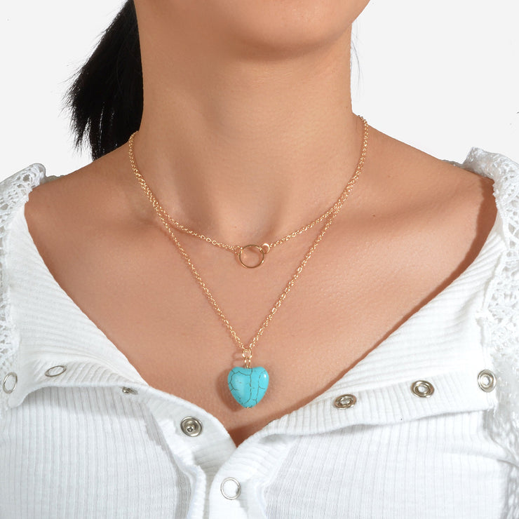 Boho Chic Jewelry Multi - layer Gold Silver Chain Circle Heart Turquoise Necklace - Freeyouthzbandz