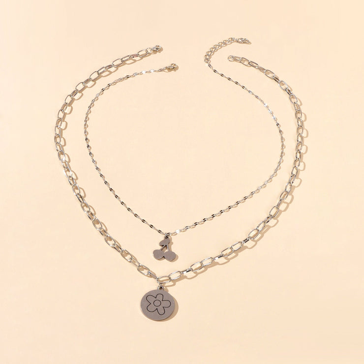 2 pcs Good Quality Jewellery Silver Stainless Steel Cherry Flower Round Necklace - Freeyouthzbandz