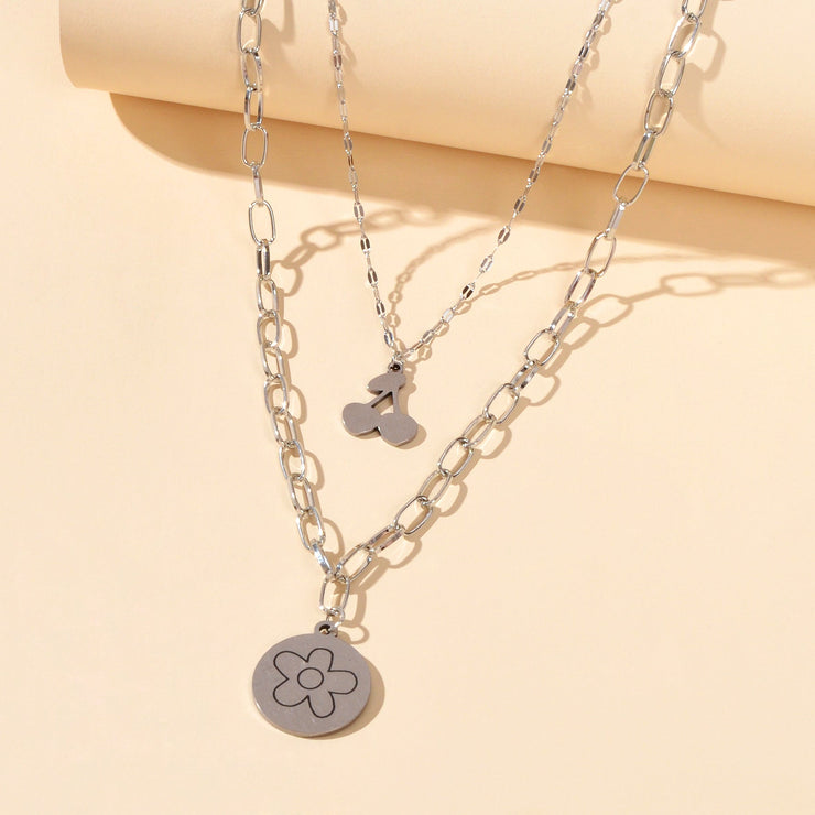 2 pcs Good Quality Jewellery Silver Stainless Steel Cherry Flower Round Necklace - Freeyouthzbandz