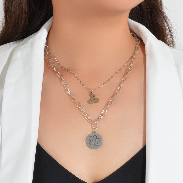 2 pcs Good Quality Jewellery Silver Stainless Steel Cherry Flower Round Necklace - Freeyouthzbandz