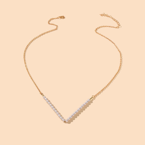 Ladies Jewellery Gold Chain Pearl Beads V shape Geometric Retro Pendant Necklace - Freeyouthzbandz