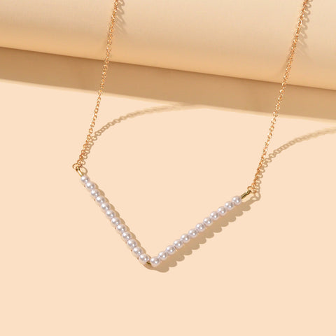 Ladies Jewellery Gold Chain Pearl Beads V shape Geometric Retro Pendant Necklace - Freeyouthzbandz