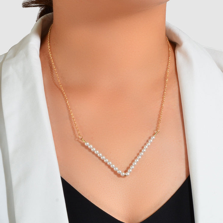 Ladies Jewellery Gold Chain Pearl Beads V shape Geometric Retro Pendant Necklace - Freeyouthzbandz