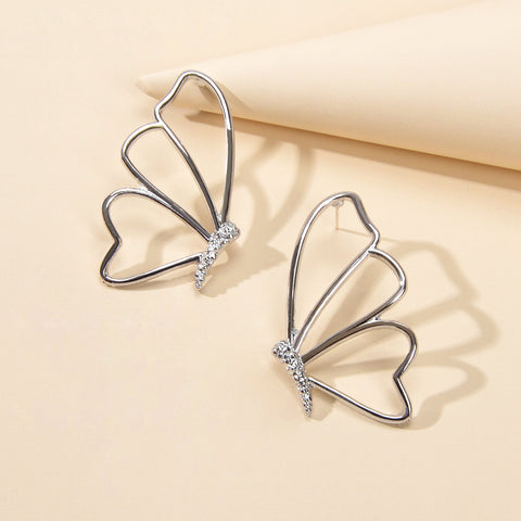 Silver Hollow Butterfly Stud Pierced Trendy Earrings Minimalist Women Accessory - Freeyouthzbandz