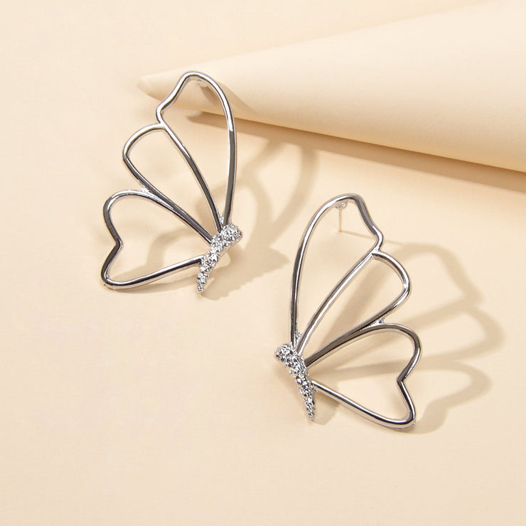 Silver Hollow Butterfly Stud Pierced Trendy Earrings Minimalist Women Accessory - Freeyouthzbandz