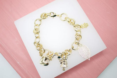 18K Gold Filled Nature, Fairy, Heart, Girl Boy Charms Bracelet (I405) - Freeyouthzbandz