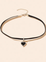 Black Heart Pendant Leather Cord Short Necklace Stylish Choker - Freeyouthzbandz