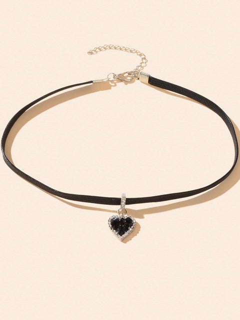Black Heart Pendant Leather Cord Short Necklace Stylish Choker - Freeyouthzbandz