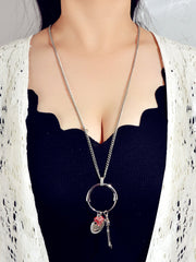 Gift Jewellery Women Girls Long Silver Chain Love Round Heart Key Charm Necklace - Freeyouthzbandz