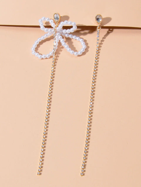 Sweet Pearl Beads Flower Rhinestone Long Gold Chain Asymmetric Pendant Earrings - Freeyouthzbandz