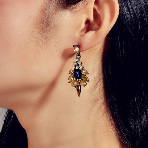 Luxurious Blue Champagne Crystal Flower Wedding Dangle Chunky Chandelier Earring - Freeyouthzbandz