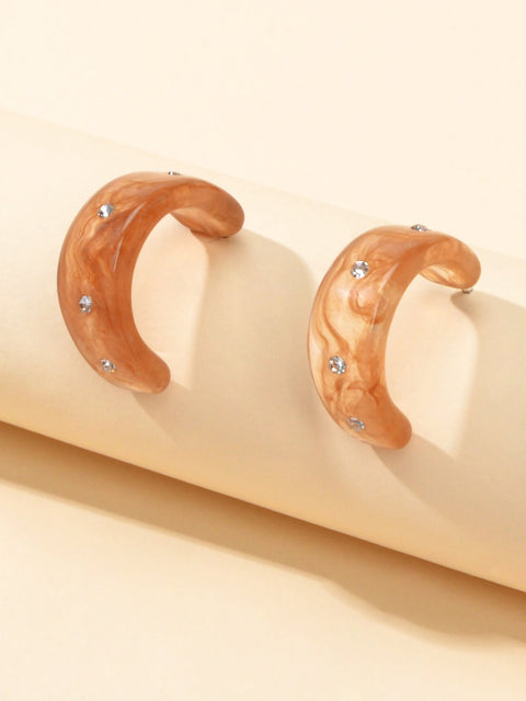 Boho Chic Rhinestone Brown Resin C shape Huggie Pierced Hoop Personality Earring - Freeyouthzbandz