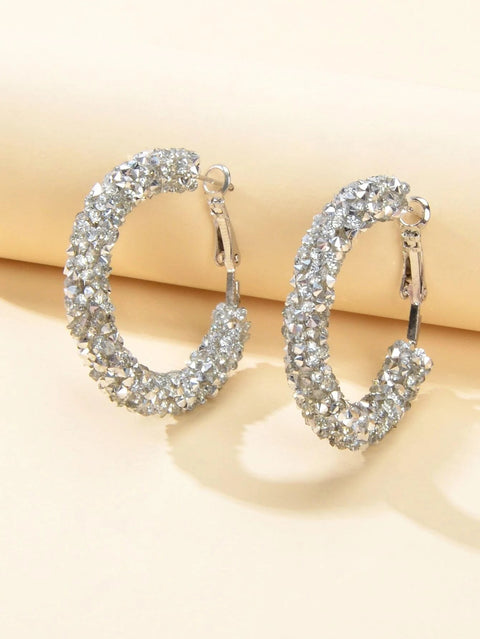 Party Gift Decoration Silver Rhinestone Shining Hoop Huggie Earrings AU Stock - Freeyouthzbandz