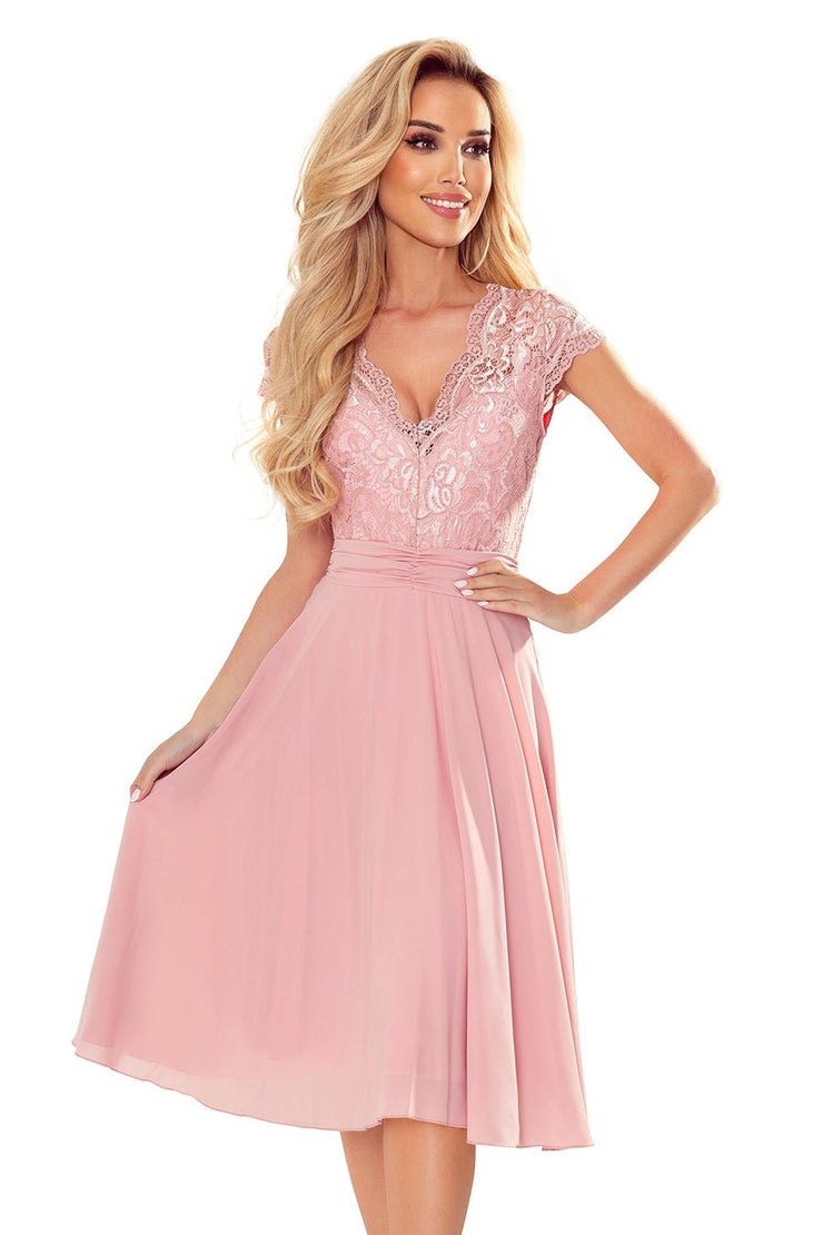 Numoco 381 - 1 LINDA - chiffon dress with lace neckline - dirty pink - Freeyouthzbandz