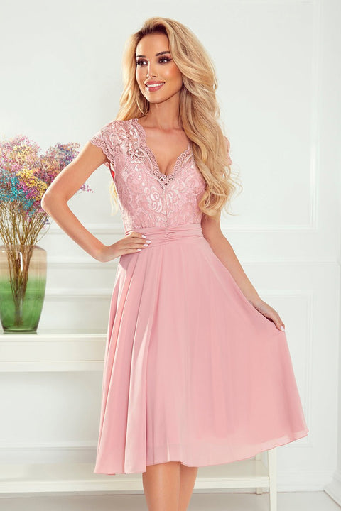 Numoco 381 - 1 LINDA - chiffon dress with lace neckline - dirty pink - Freeyouthzbandz