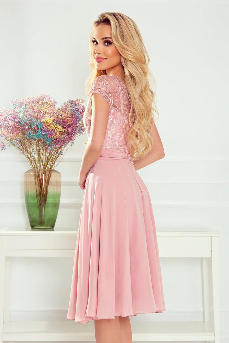 Numoco 381 - 1 LINDA - chiffon dress with lace neckline - dirty pink - Freeyouthzbandz