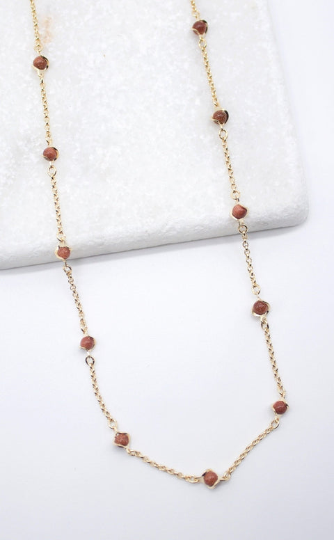 18K Gold Filled 5mm Designed Brown aventurine Bead Necklace (F221) - Freeyouthzbandz