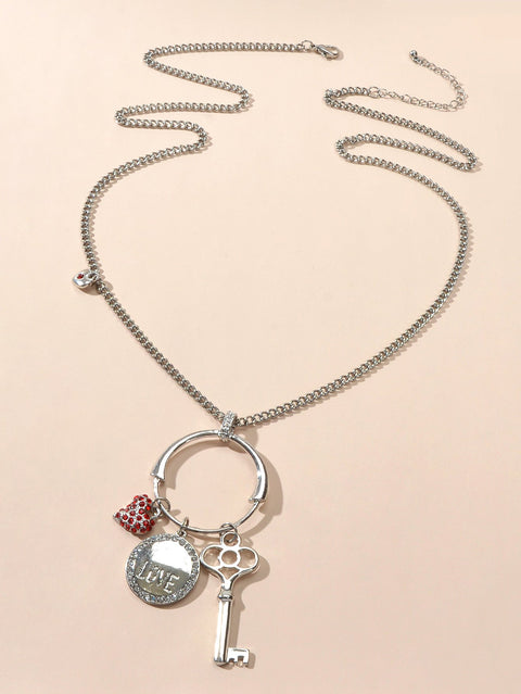 Gift Jewellery Women Girls Long Silver Chain Love Round Heart Key Charm Necklace - Freeyouthzbandz