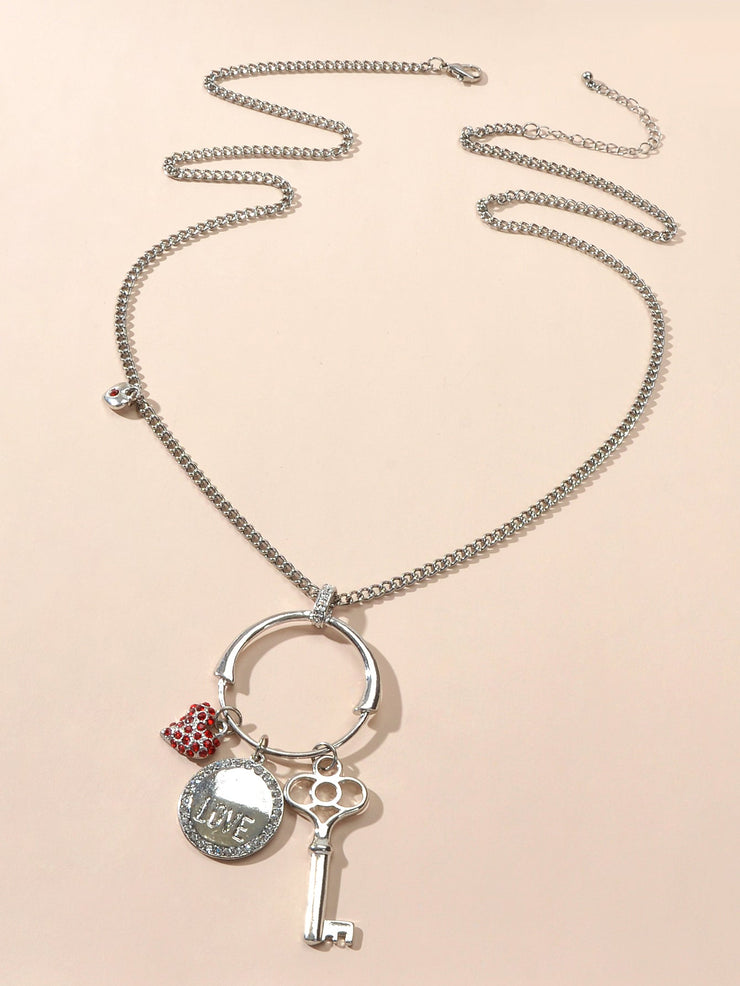 Gift Jewellery Women Girls Long Silver Chain Love Round Heart Key Charm Necklace - Freeyouthzbandz