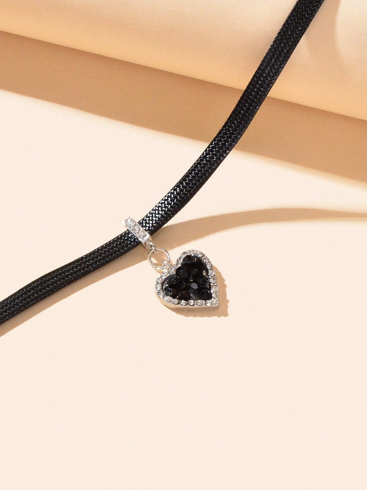 Black Heart Pendant Leather Cord Short Necklace Stylish Choker - Freeyouthzbandz