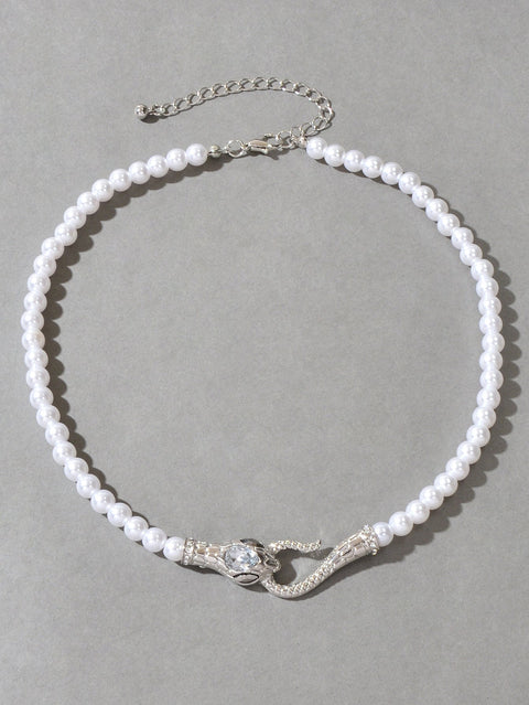 Punk Retro Pearl Beads Chain Gold Silver Snake Short Clavicle Statement Necklace - Freeyouthzbandz