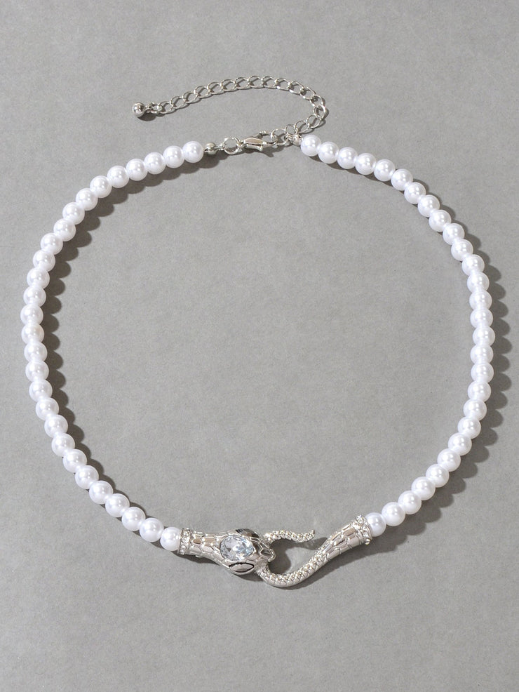 Punk Retro Pearl Beads Chain Gold Silver Snake Short Clavicle Statement Necklace - Freeyouthzbandz