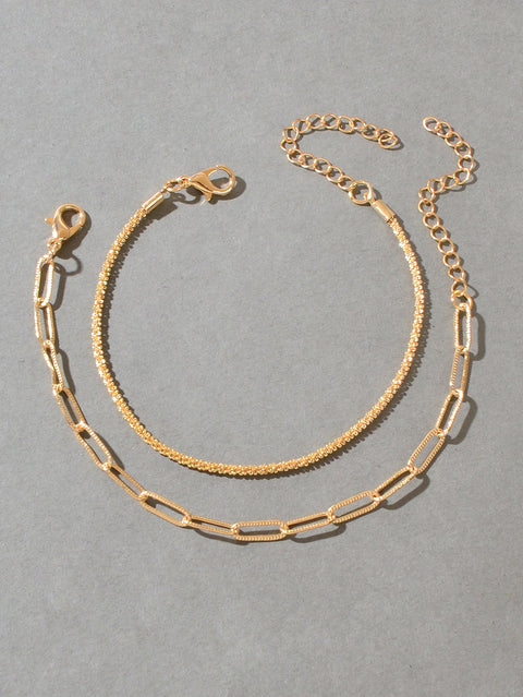 2 pcs Layered Initial Silver Link Chain Bracelets Women Girls Hand Accessories - Freeyouthzbandz