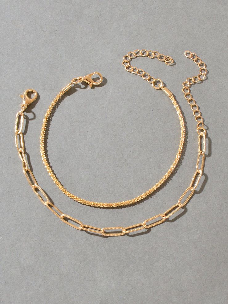 2 pcs Layered Initial Silver Link Chain Bracelets Women Girls Hand Accessories - Freeyouthzbandz