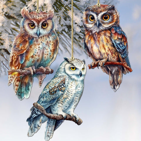 Night Owls Decorative Wooden Ornaments of 3 by G. Debrekht - Wildlife Decor - 8091004 - S3 - Freeyouthzbandz