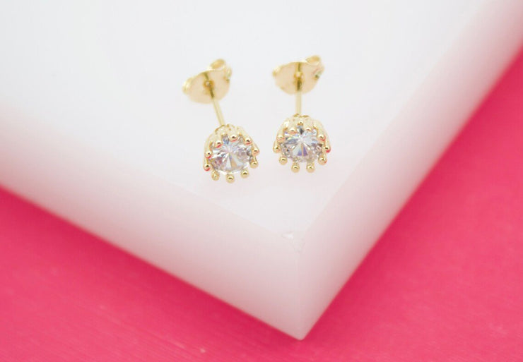 18K Gold Filled 6mm Clear Round CZ Stone Stud Earrings - Freeyouthzbandz