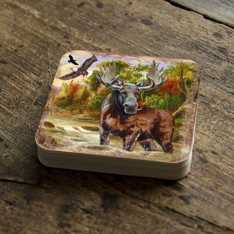 Moose Wooden Cork Coasters Gift Set of 4 by Nature Wonders - Nature Wildlife Decor - 95216 - 2C - S4 - Freeyouthzbandz