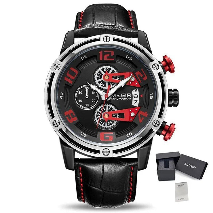 MEGIR Fashion Mens Watches Luxury Sports Watches Leather Strap Army Military Quartz Wristwatch Chronograph Male Clock 2078 - Freeyouthzbandz