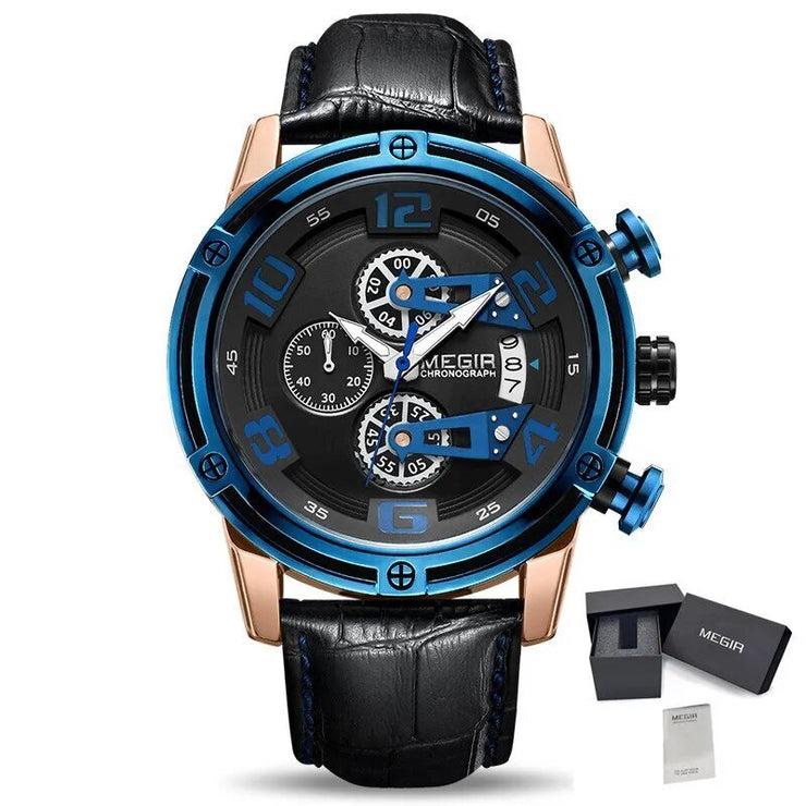 MEGIR Fashion Mens Watches Luxury Sports Watches Leather Strap Army Military Quartz Wristwatch Chronograph Male Clock 2078 - Freeyouthzbandz