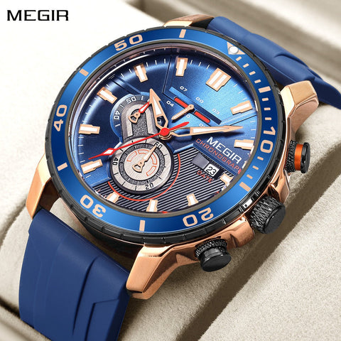 MEGIR Luxury Military Watches for Men Fashion Sport Quartz Wristwatch Waterproof Silicone Band Male Clock Chronograph with Date - Freeyouthzbandz