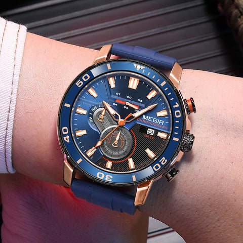 MEGIR Luxury Military Watches for Men Fashion Sport Quartz Wristwatch Waterproof Silicone Band Male Clock Chronograph with Date - Freeyouthzbandz