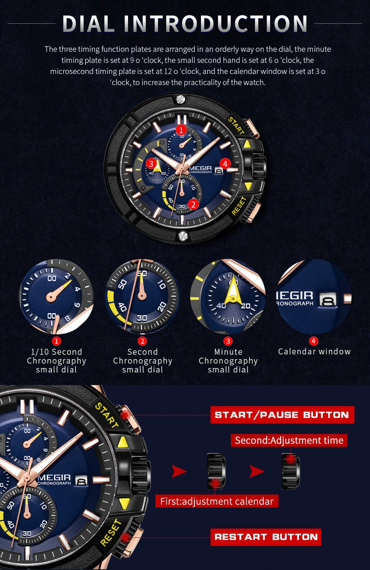 MEGIR Watches for Men Chronograph Fashion Luxury Sports Watches Silicone Strap Waterproof Calendar Quartz Man Clock Wristwatch - Freeyouthzbandz