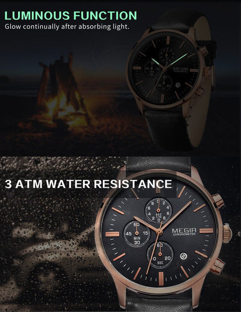 MEGIR Sport Watch for Men Luxury Waterproof Quartz Clock Leather Wristwatch Luminous Military Watches Calendar reloj hombre 2011 - Freeyouthzbandz
