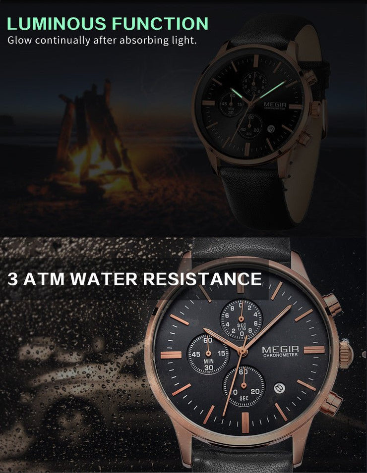 MEGIR Sport Watch for Men Luxury Waterproof Quartz Clock Leather Wristwatch Luminous Military Watches Calendar reloj hombre 2011 - Freeyouthzbandz
