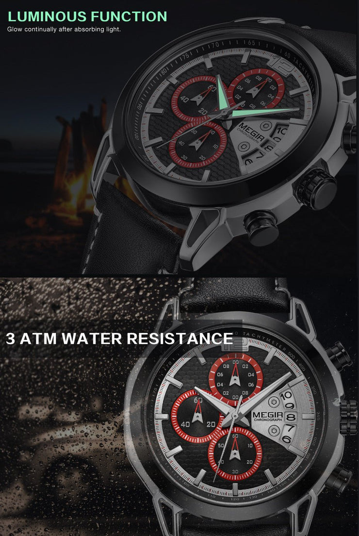 MEGIR Fashion Mens Military Sports Watches Luxury Leather Quartz Business Watch Chronograph Waterproof Luminous Date Wristwatch - Freeyouthzbandz