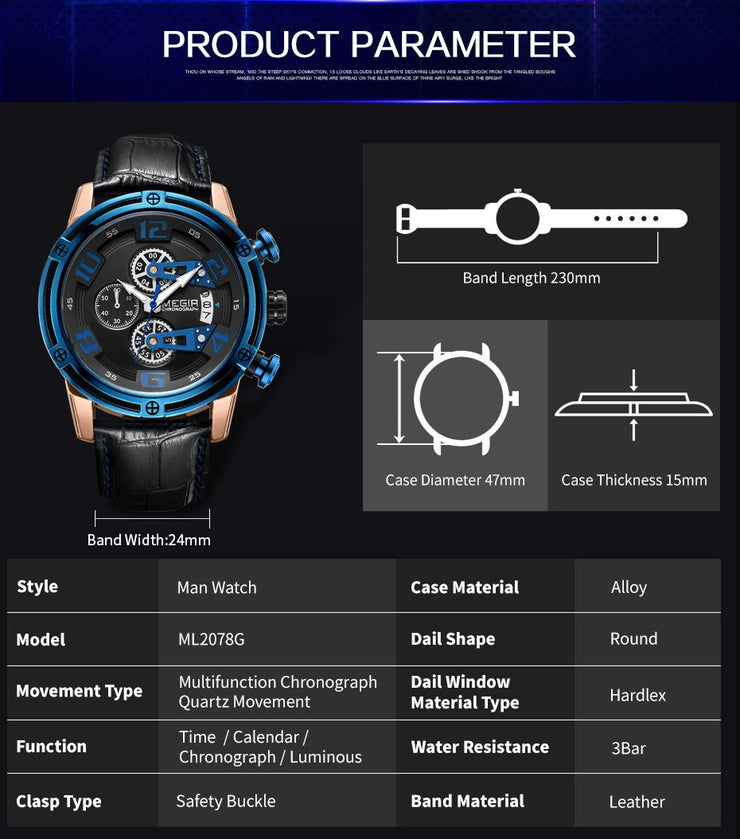 MEGIR Fashion Mens Watches Luxury Sports Watches Leather Strap Army Military Quartz Wristwatch Chronograph Male Clock 2078 - Freeyouthzbandz