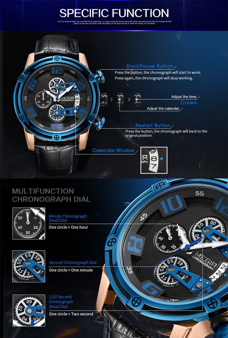 MEGIR Fashion Mens Watches Luxury Sports Watches Leather Strap Army Military Quartz Wristwatch Chronograph Male Clock 2078 - Freeyouthzbandz