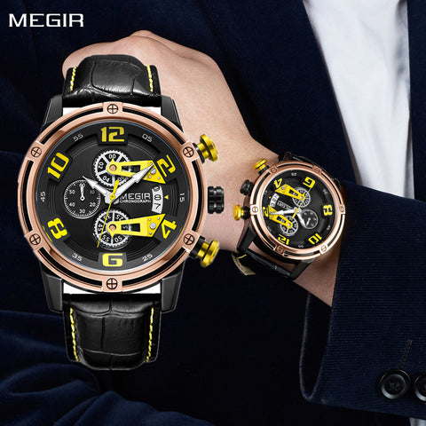 MEGIR Fashion Mens Watches Luxury Sports Watches Leather Strap Army Military Quartz Wristwatch Chronograph Male Clock 2078 - Freeyouthzbandz